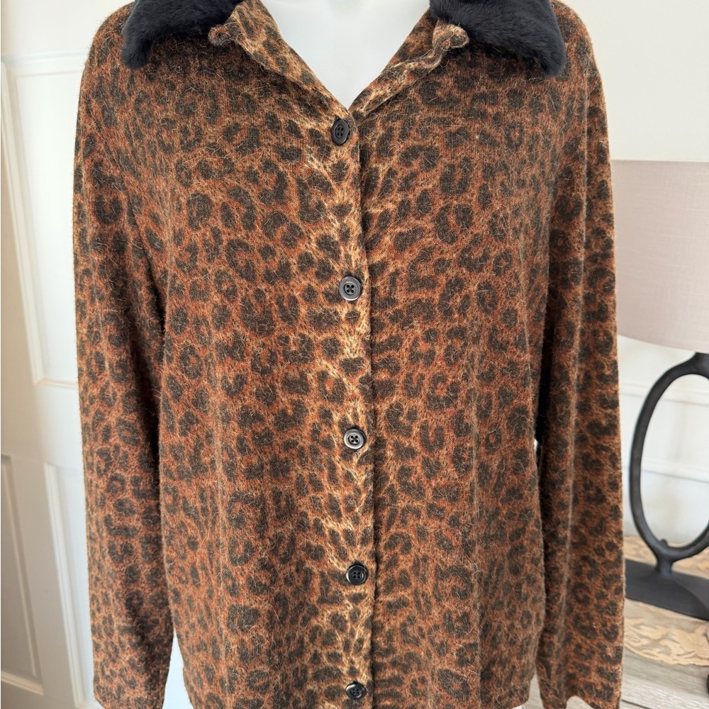 Emanuel Ungaro Brown Leopard  cardigan with Black Collar Sz L XL